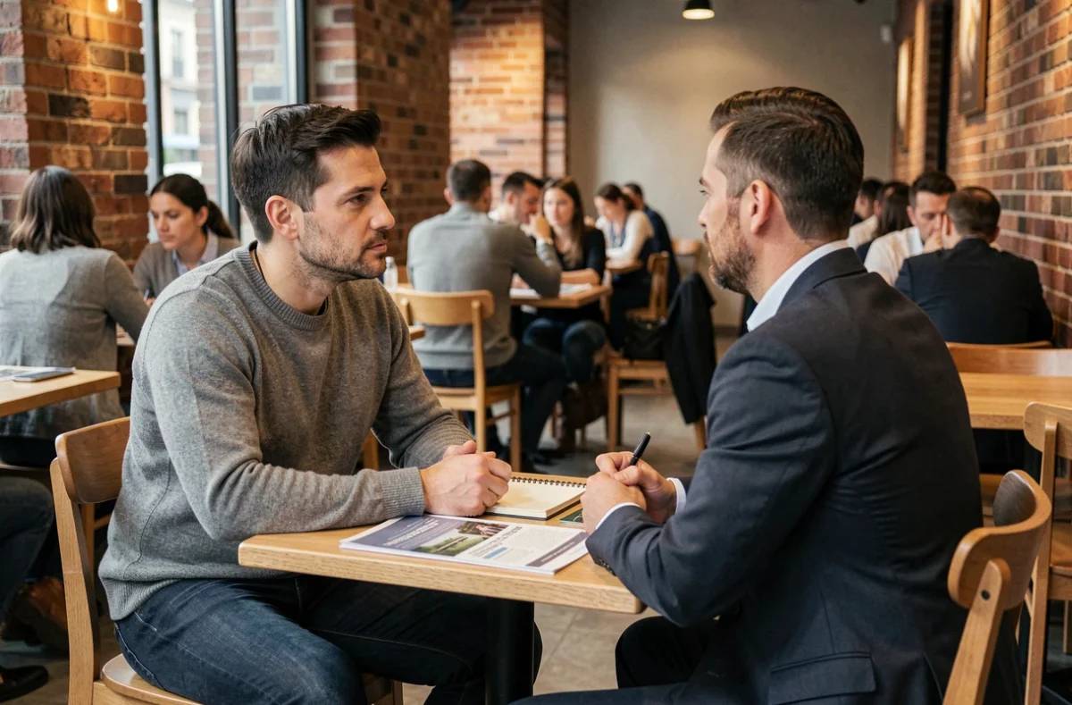 Homme discutant avec un conseiller commercial dans un café avant de rejoindre un réseau de vente directe
