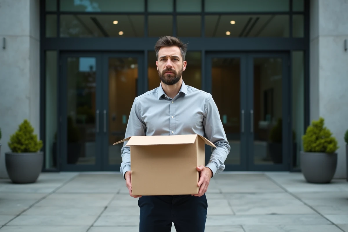 Employé quittant son entreprise avec ses affaires personnelles après un licenciement pour faute