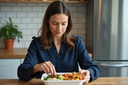 Employée de bureau ouvrant sa boîte repas maison dans une salle de pause d'entreprise moderne