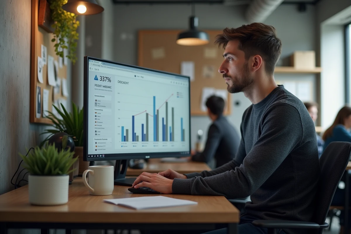 Jeune entrepreneur analysant les indicateurs de croissance de son entreprise émergente dans un espace de coworking