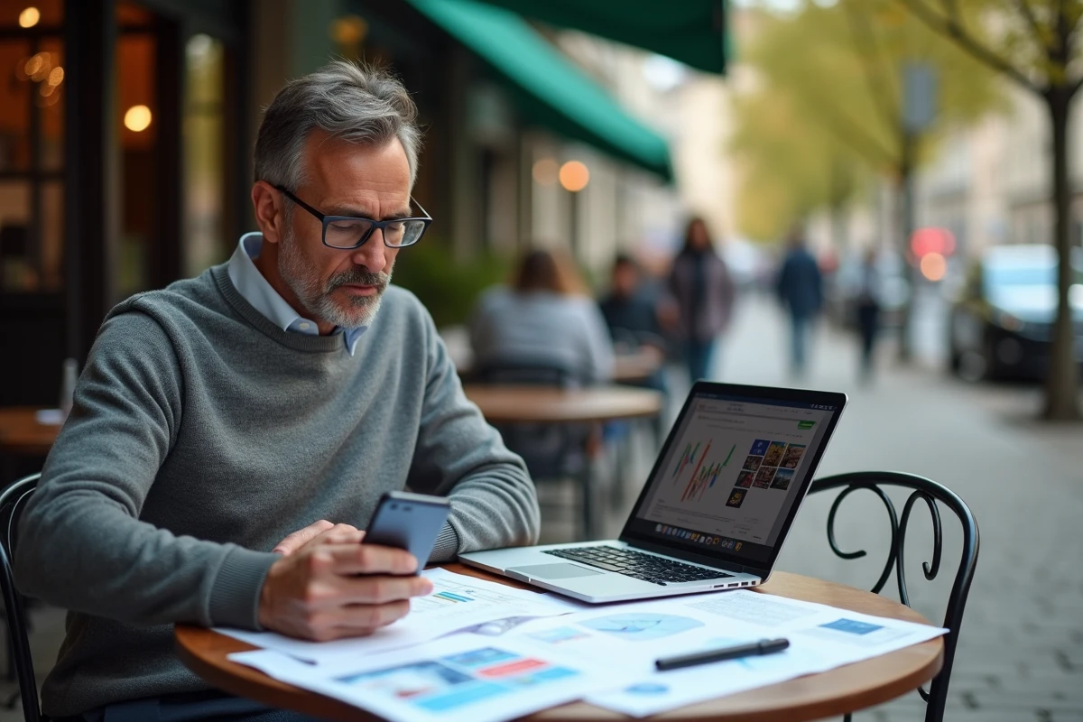 Entrepreneur comparant différentes formes de publicité en terrasse de café avec documents imprimés et appareils numériques