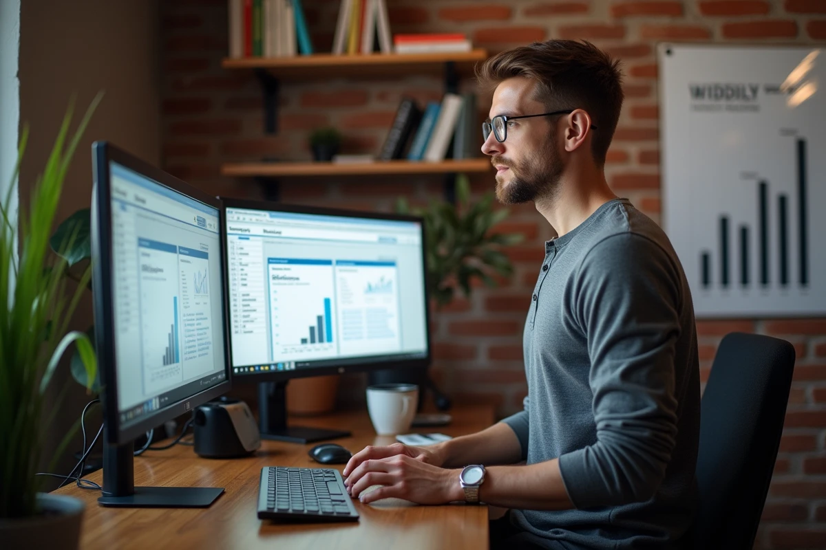 Entrepreneur en télétravail comparant les tarifs de solutions IA marketing sur plusieurs écrans