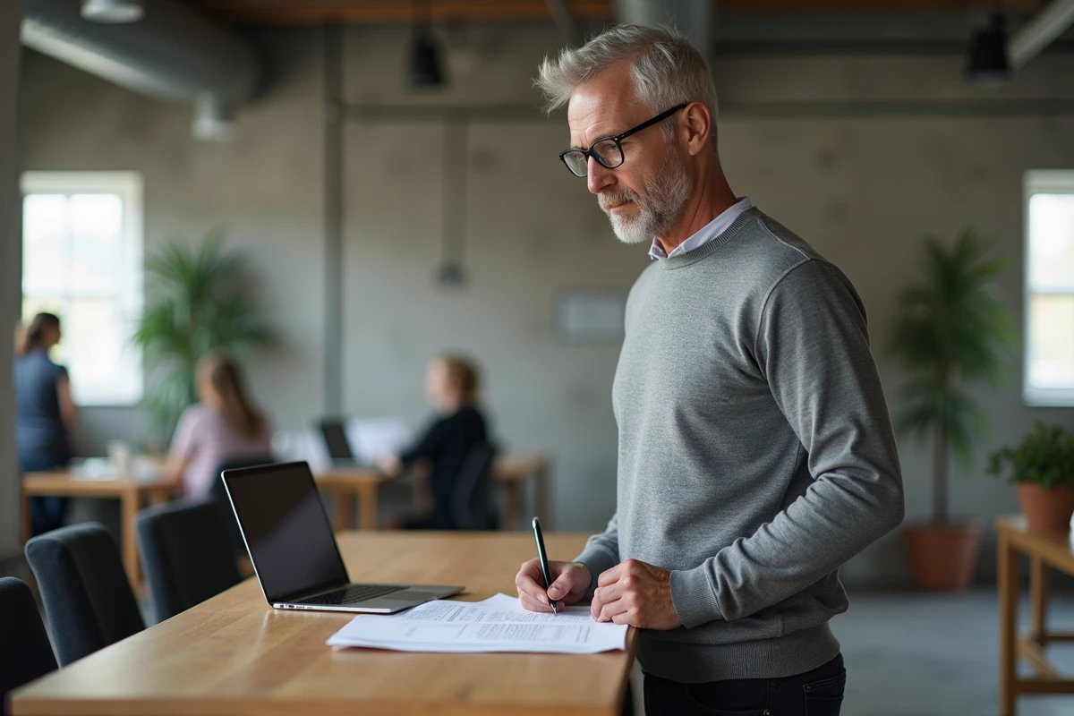 Entrepreneur masculin analysant les options de cumul ARE et ARCE dans un espace de coworking