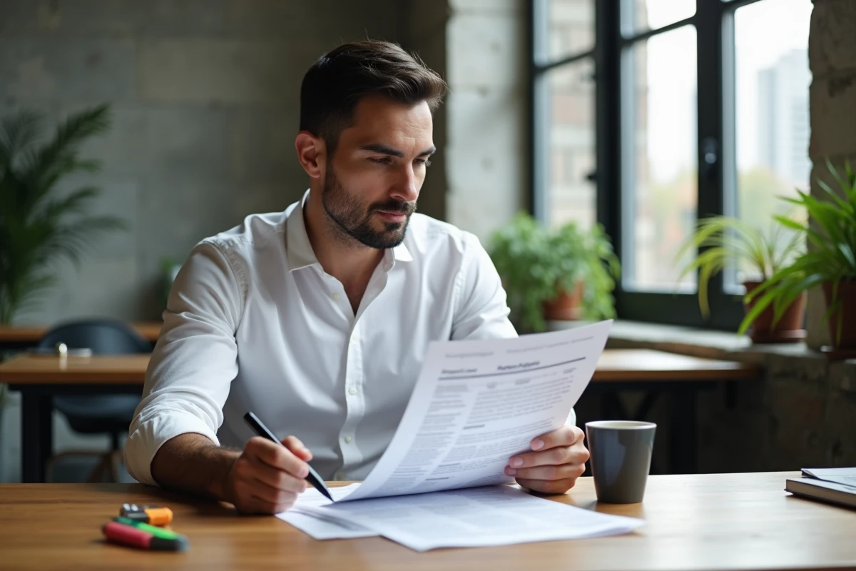 Entrepreneur analysant un formulaire de demande de brevet INPI dans un espace de coworking moderne