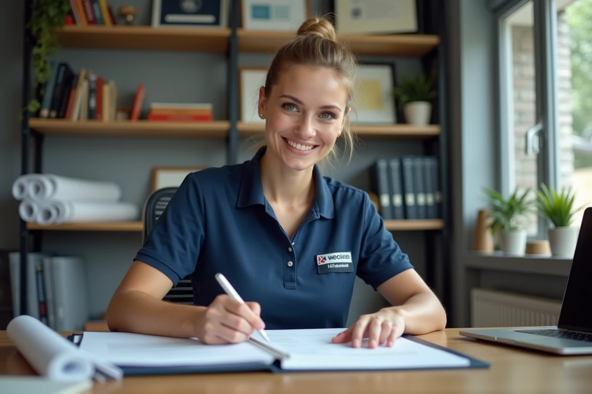 Entrepreneuse en peinture étudiant son contrat d'assurance décennale dans un bureau professionnel