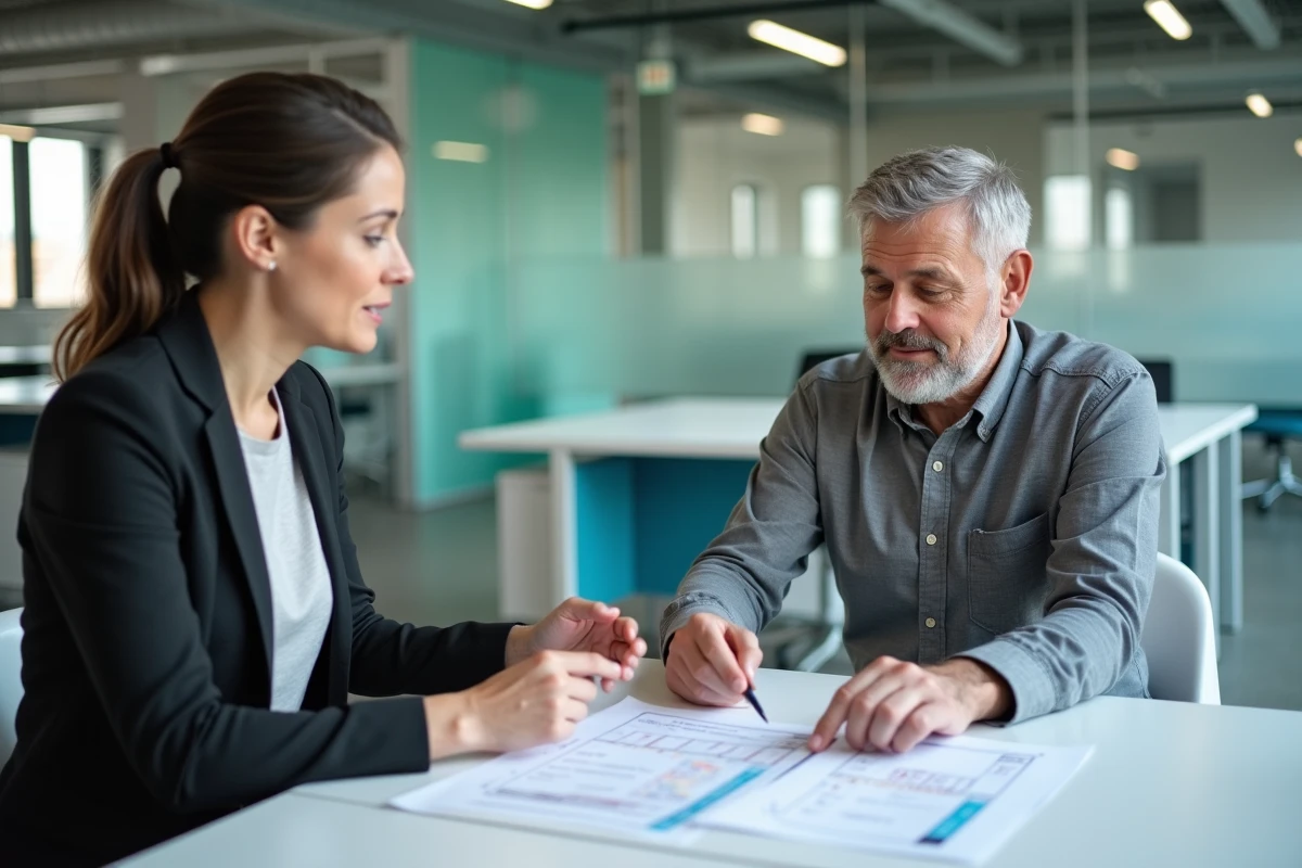 Homme en entretien avec un conseiller emploi pour identifier son code ROME dans une agence professionnelle