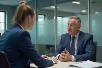 Réunion formelle entre un responsable RH et une employée dans un bureau moderne pour un entretien disciplinaire