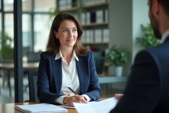 Entretien d'embauche pour un contrat CAE entre une responsable RH et un candidat dans un bureau professionnel moderne