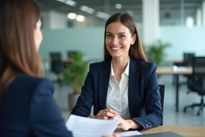 Femme professionnelle remettant son CV à un recruteur lors d'un entretien d'embauche en entreprise