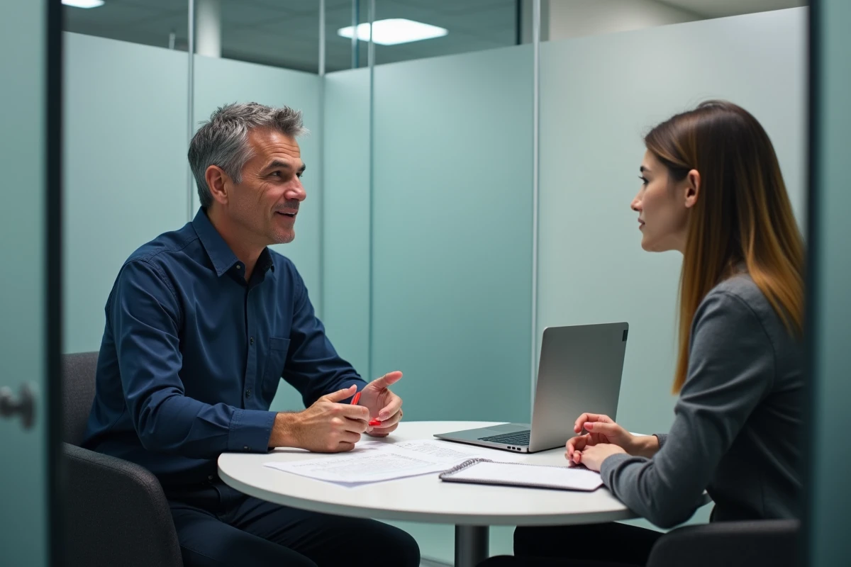 Responsable RH menant un entretien individuel de suivi bien-être avec une employée dans une salle de réunion vitrée, outil clé de la QVT
