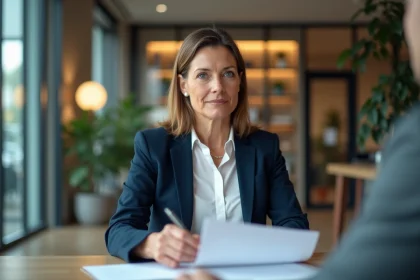 Responsable RH examinant le CV d'un candidat lors d'un entretien de recrutement dans un bureau moderne