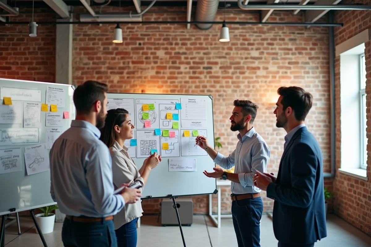 Équipe marketing en réunion de brainstorming autour d'un tableau blanc avec des stratégies de marketing digital dans un studio créatif