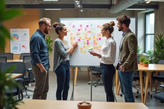Équipe de collègues collaborant autour d'un tableau blanc avec des post-it dans un bureau moderne, illustrant les outils de la QVT