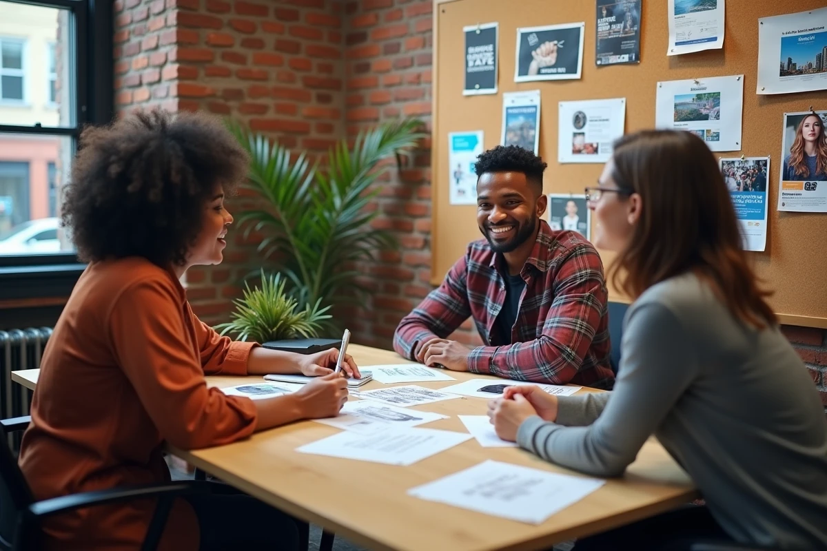 Équipe de petite entreprise discutant et comparant différentes formes de publicité autour d'une table de réunion