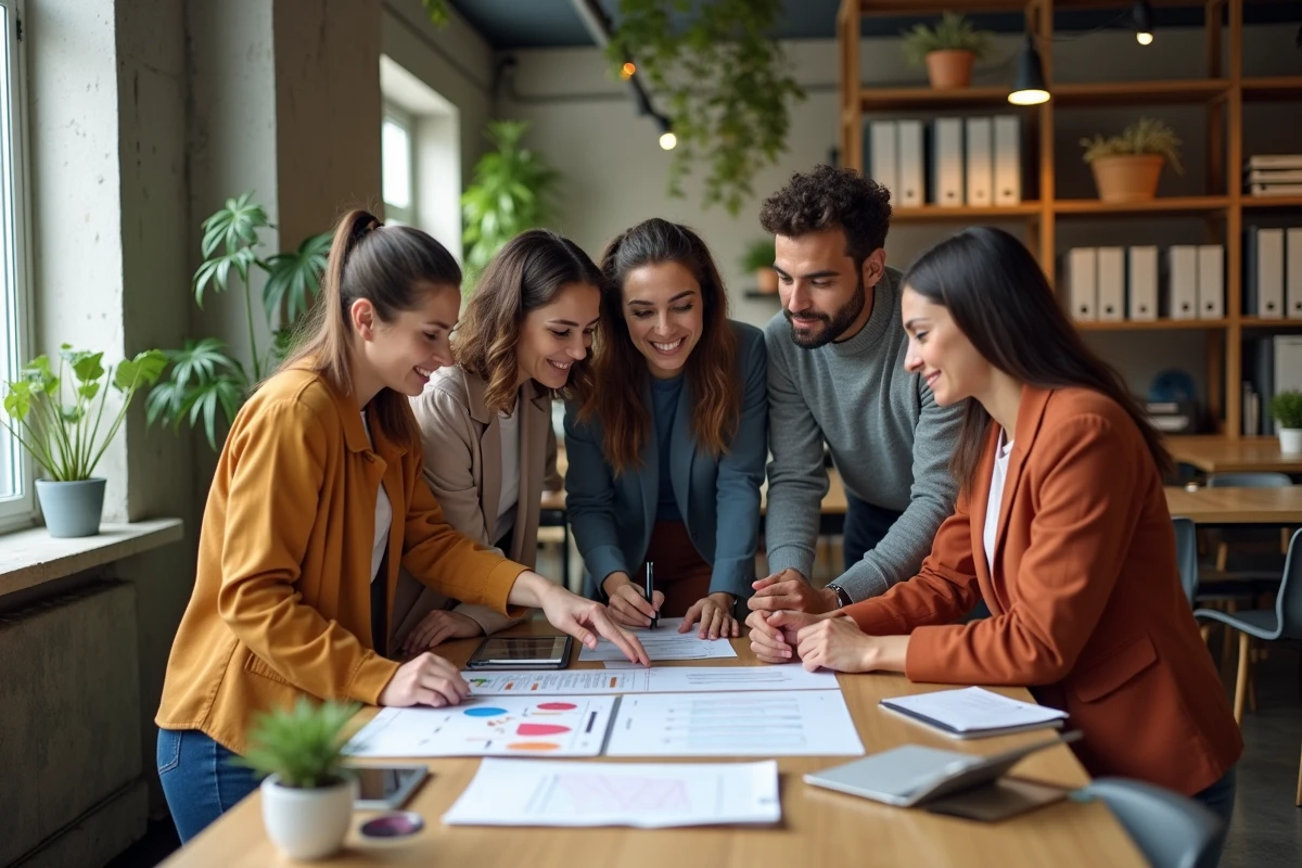 Équipe de managers diversifiée analysant une feuille de route de projet dans un espace de coworking