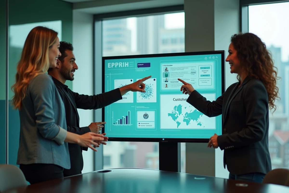 Équipe marketing collaborant autour d'une carte perceptuelle de positionnement sur écran tactile en espace de coworking