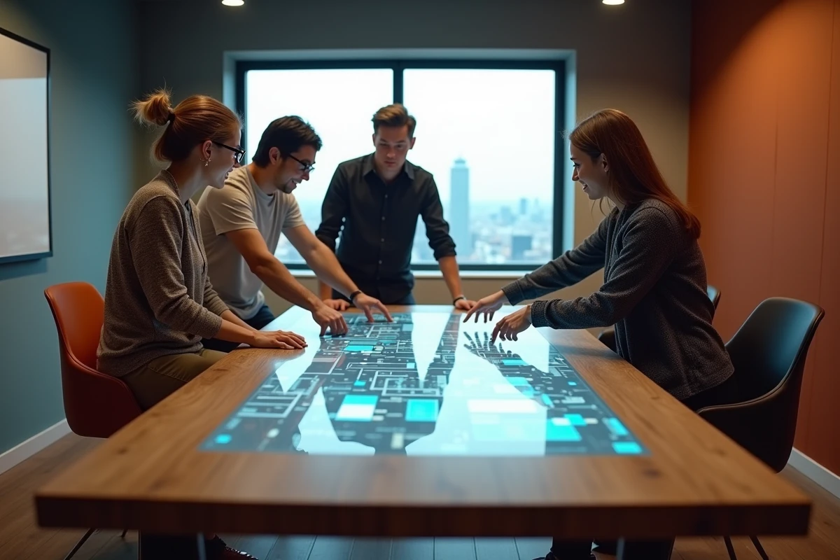 Équipe marketing collaborative travaillant sur une campagne en réalité augmentée dans une agence créative moderne