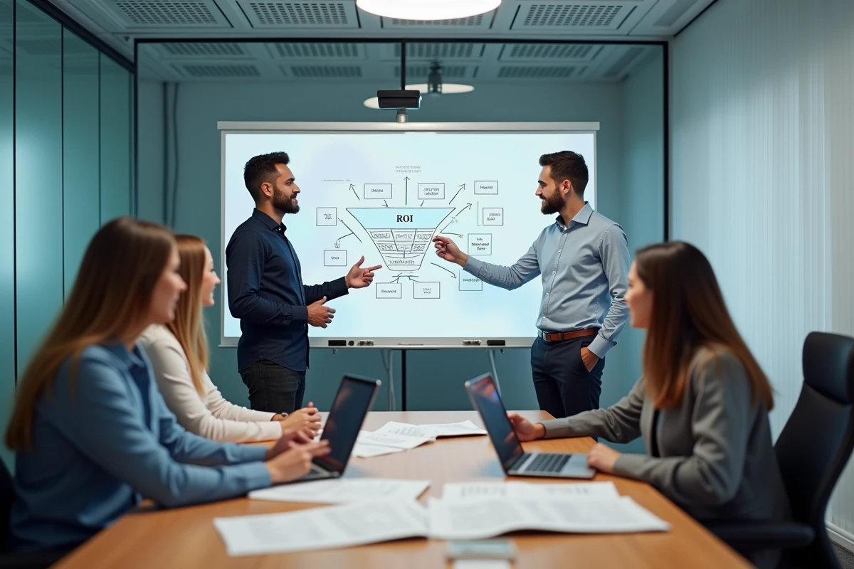 Équipe marketing discutant de la stratégie d'acquisition avec des outils IA et tableaux de tarification