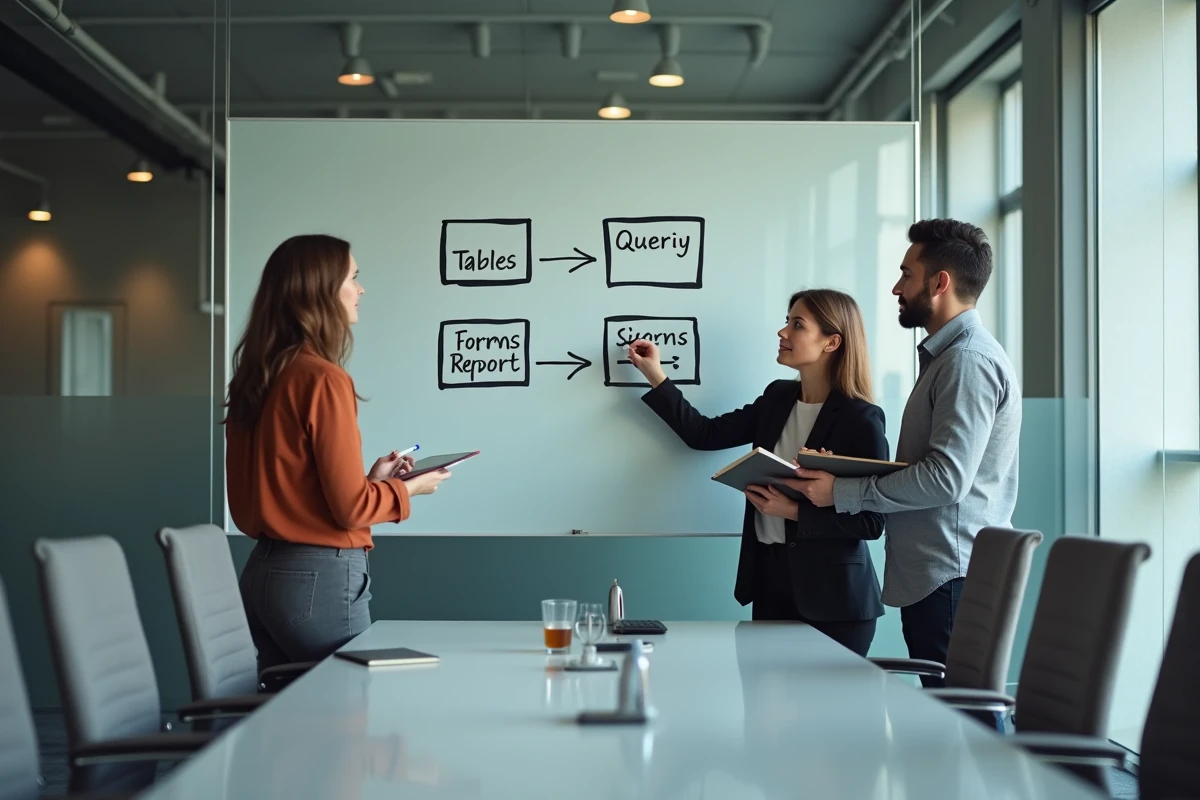 Équipe de professionnels discutant des quatre objets principaux d'une base de données devant un tableau blanc avec schéma tables requêtes formulaires états