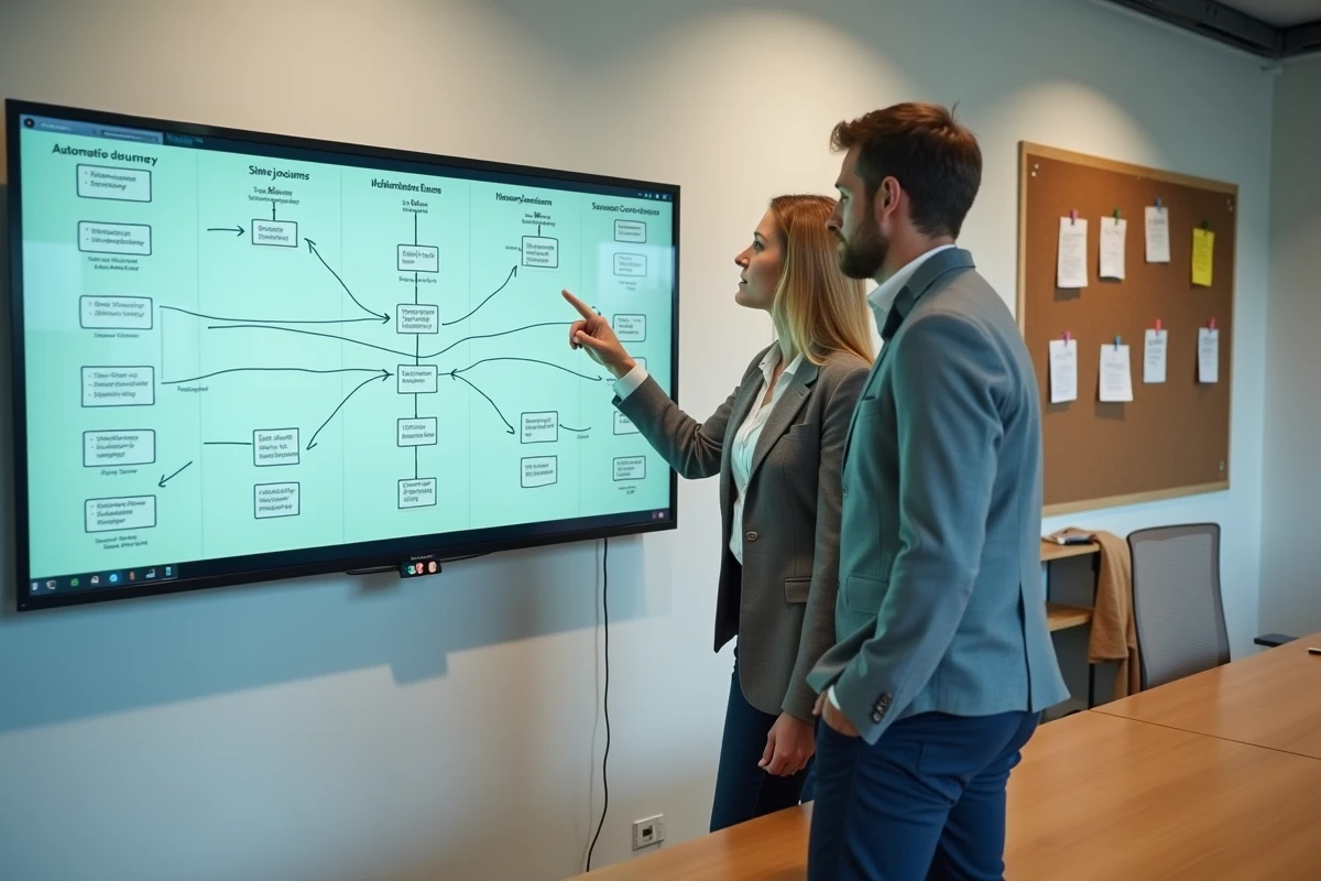 Deux professionnels du digital discutant devant un écran mural présentant un parcours client mêlant automatisation chatbot et intervention humaine