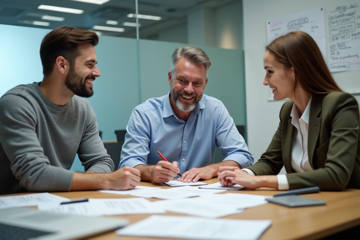 Équipe de recruteurs analysant des candidatures ensemble autour d'une table de réunion en entreprise