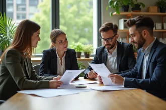 Équipe professionnelle diversifiée discutant de responsabilité sociale en entreprise autour d'une table de réunion avec des documents sur le développement durable