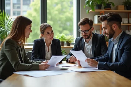 Équipe professionnelle diversifiée discutant de responsabilité sociale en entreprise autour d'une table de réunion avec des documents sur le développement durable