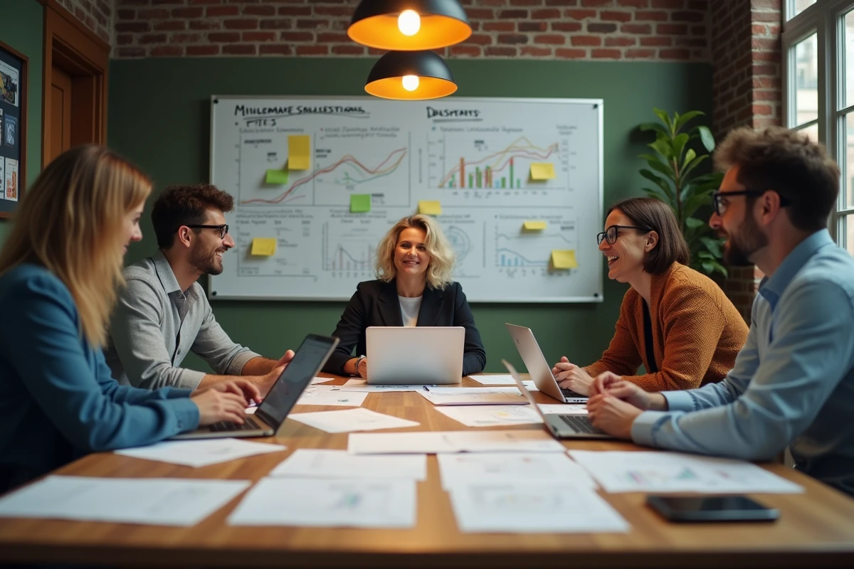 Équipe de professionnels discutant de la croissance d'une entreprise émergente autour d'une table de réunion avec des rapports