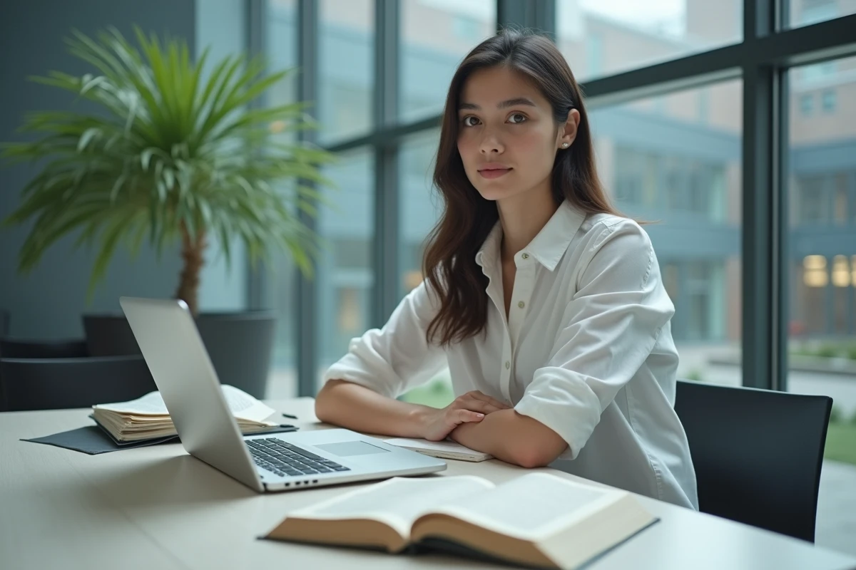 Étudiante en droit recherchant l'histoire de la propriété intellectuelle dans une bibliothèque universitaire moderne