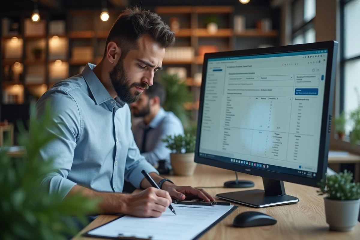 Responsable achats évaluant des critères de sélection fournisseurs sur un tableau de bord informatique dans un bureau moderne, première étape du processus SRM