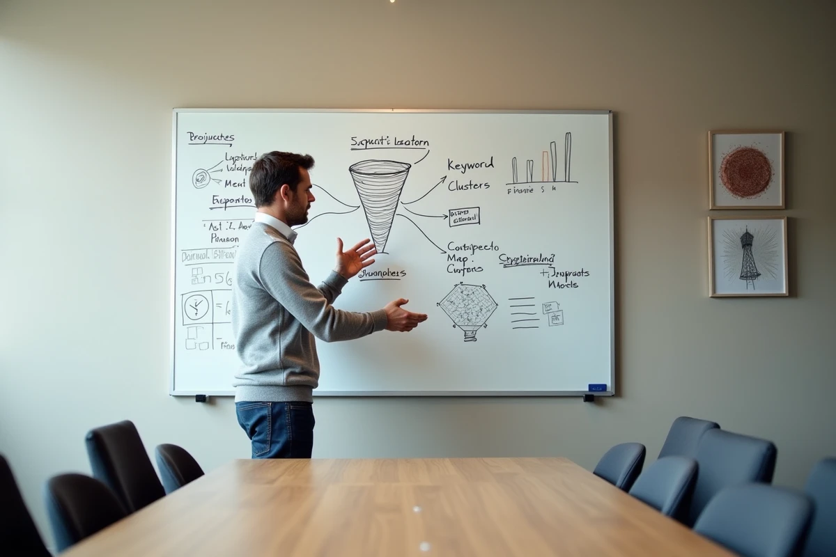 Expert SEO présentant une stratégie de référencement sur tableau blanc lors d'une réunion client dans une agence digitale à Rennes