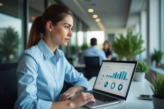Une professionnelle analyse des données de génération de leads sur un ordinateur portable dans un bureau moderne
