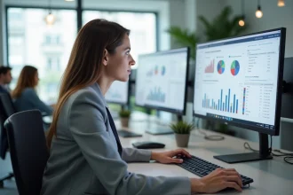 Femme professionnelle analysant des tableaux de bord de marketing digital sur un grand écran dans un bureau moderne
