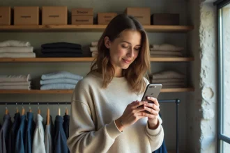 Jeune femme consultant l'application Zalando sur son smartphone dans un appartement moderne, entourée de vêtements de marques