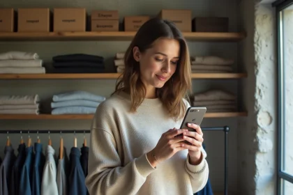 Jeune femme consultant l'application Zalando sur son smartphone dans un appartement moderne, entourée de vêtements de marques