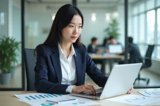 Femme japonaise cadre en entreprise analysant des données financières dans un bureau moderne de Tokyo, illustrant l'écart salarial entre les sexes au Japon