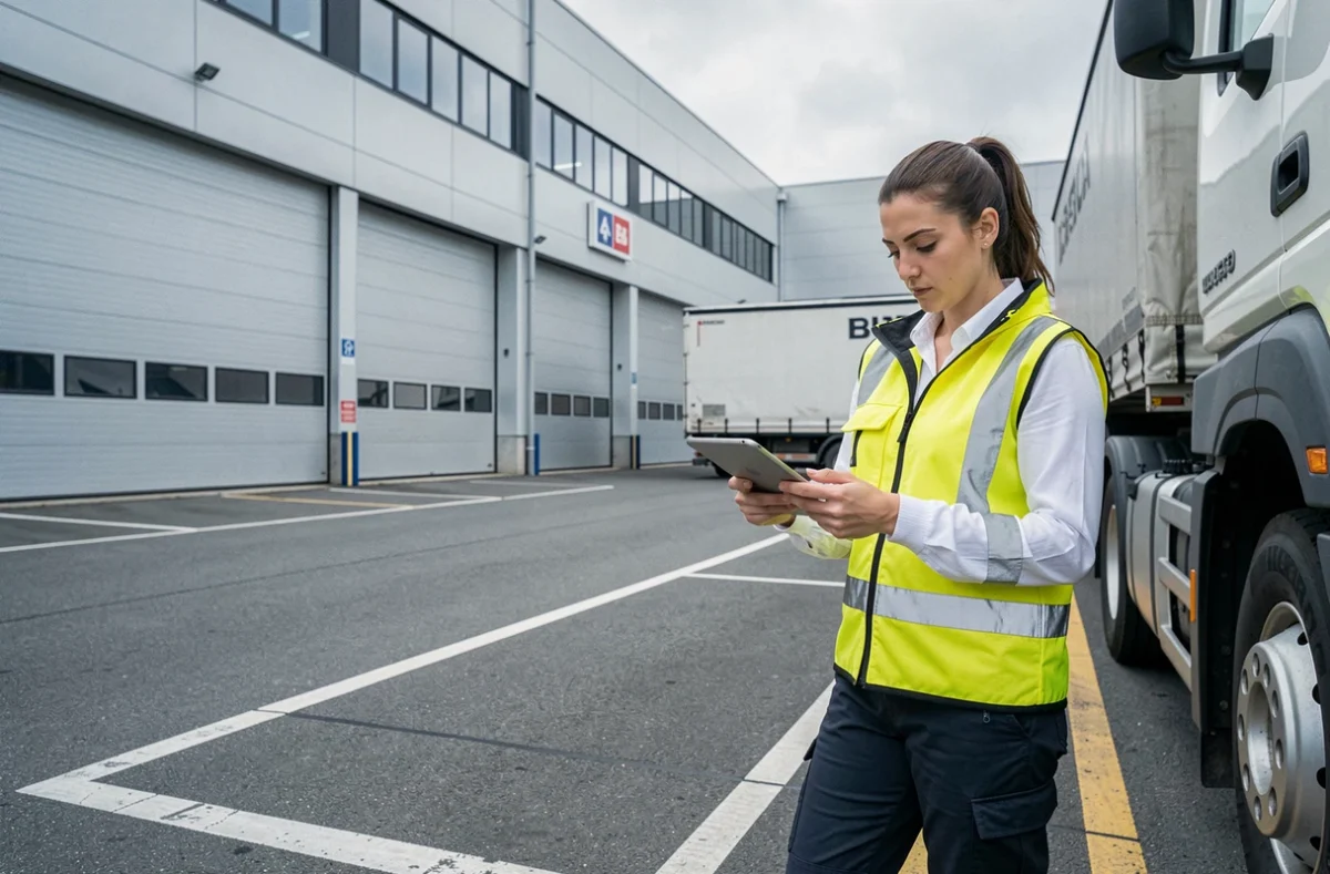 Femme chauffeur poids lourd débutante consultant une tablette devant un entrepôt logistique en Suisse avec gilet de sécurité jaune