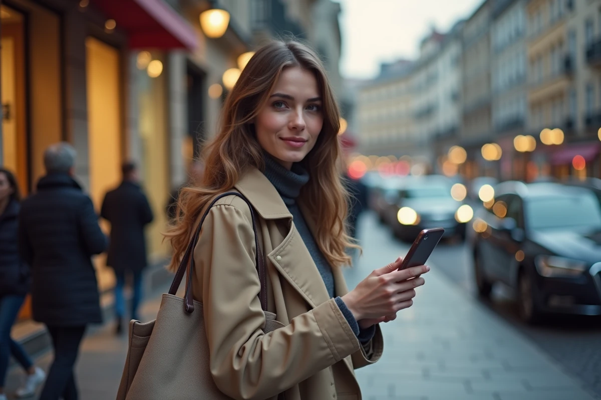 Jeune femme commandant un VTC via une application de covoiturage sur son téléphone en ville le soir