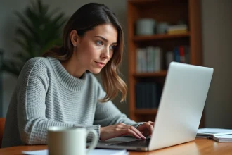 Femme consultant l'heure d'envoi d'un email sur son ordinateur portable au bureau à domicile