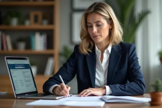 Femme consultant des documents administratifs sur le cumul ARE et ARCE à son bureau à domicile