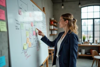 Femme professionnelle en blazer marine présentant des idées innovantes sur un tableau blanc dans un studio créatif moderne