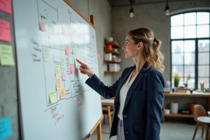 Femme professionnelle en blazer marine présentant des idées innovantes sur un tableau blanc dans un studio créatif moderne