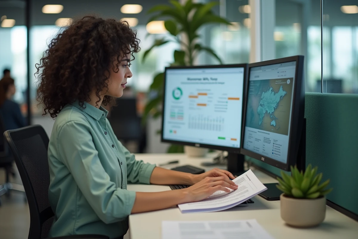 Femme utilisant un outil numérique de bien-être au travail sur son poste informatique ergonomique, symbolisant les outils QVT digitaux