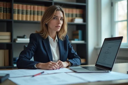 Femme professionnelle examinant des documents de dépôt de brevet à l'INPI dans un bureau juridique moderne