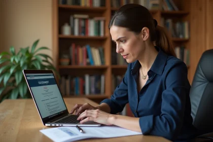Femme recherchant son code ROME emploi sur un ordinateur portable dans un bureau à domicile
