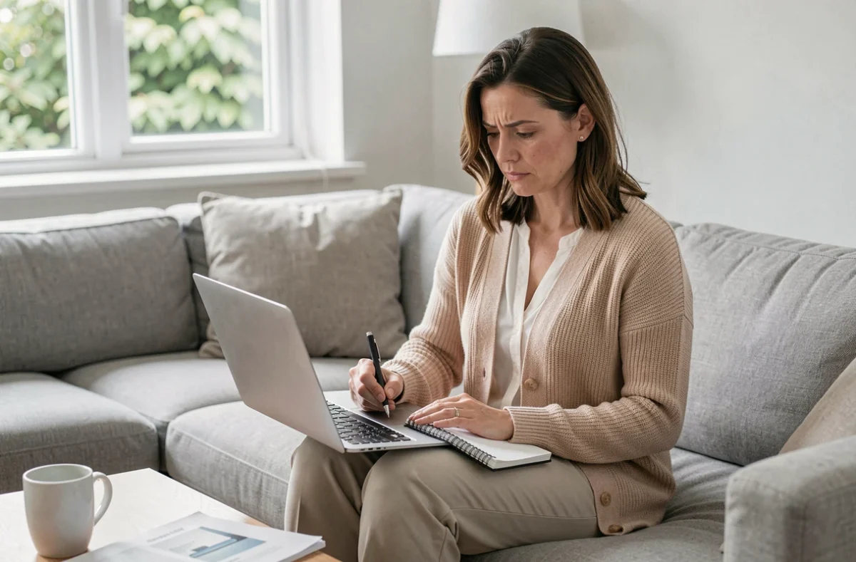 Femme faisant des recherches sur internet sur un réseau de marketing de réseau avant de prendre une décision d'engagement
