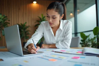 Une professionnelle planifie un échéancier de projet à son bureau avec un agenda et des documents imprimés