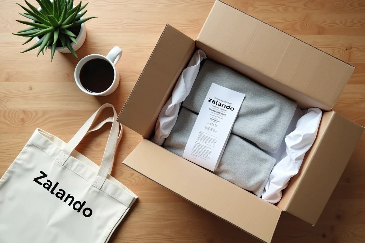 Flat-lay d'un colis Zalando ouvert sur un bureau en bois clair avec des vêtements emballés et une tasse de café