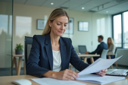 Fonctionnaire territoriale de catégorie A examinant des documents administratifs dans un bureau municipal moderne