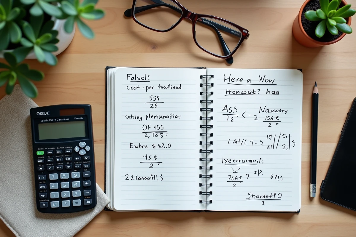 Vue de dessus d'une calculatrice et d'un cahier avec des formules de calcul du coût pour mille posés sur un bureau